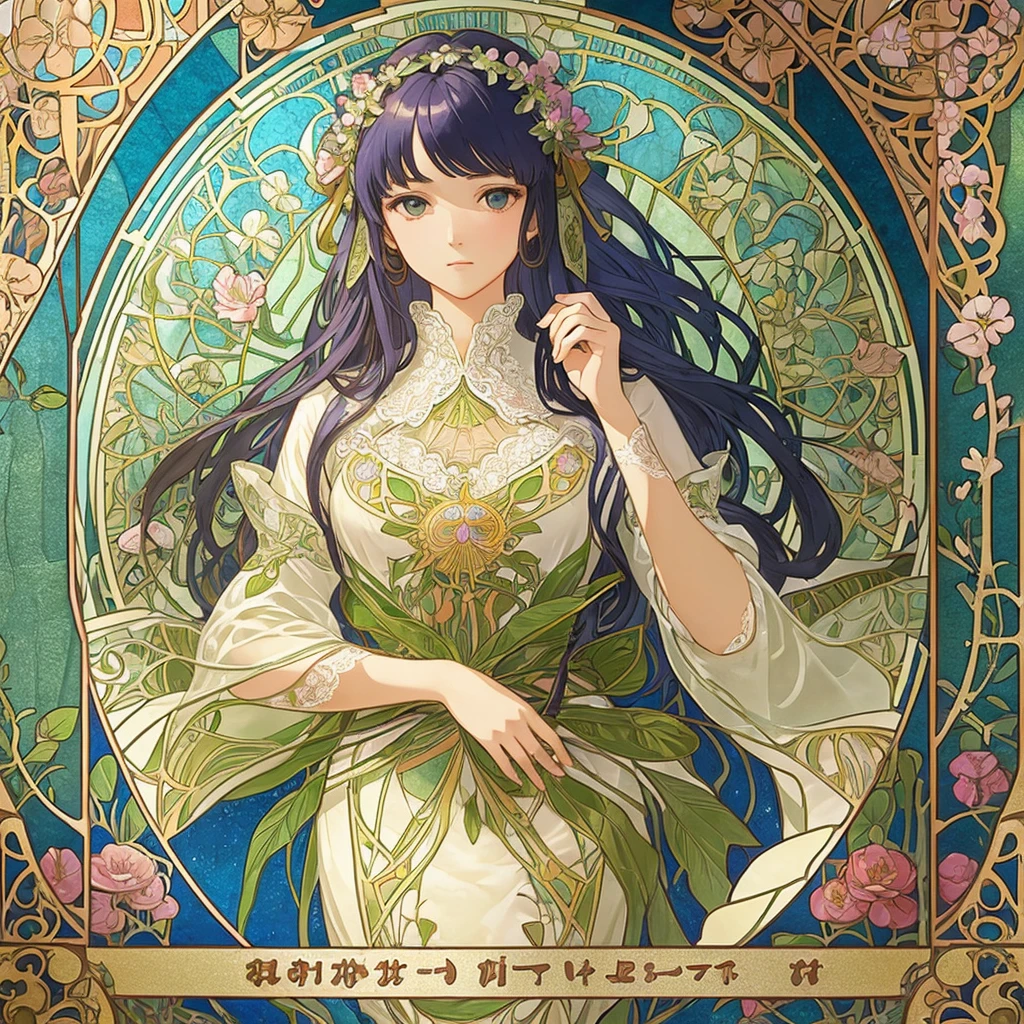 (((1 girl ))), masterpiece, highest quality, beautifully、aesthetic: 1.2, gem, Quality lace, Detailed frame, Flowers, leaf, A beautiful girl fits into the frame, Alphonse Mucha Style, Transparent and beautiful stained glass background, colorful hair