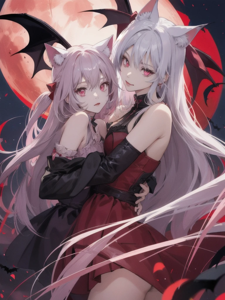 the bats、Cat ear, girl with、doress、Red Moon,Red Moon、、vampire、doress、off shoulderidnight, Beautiful silver hair,Pink inside,Beautiful pink eyes