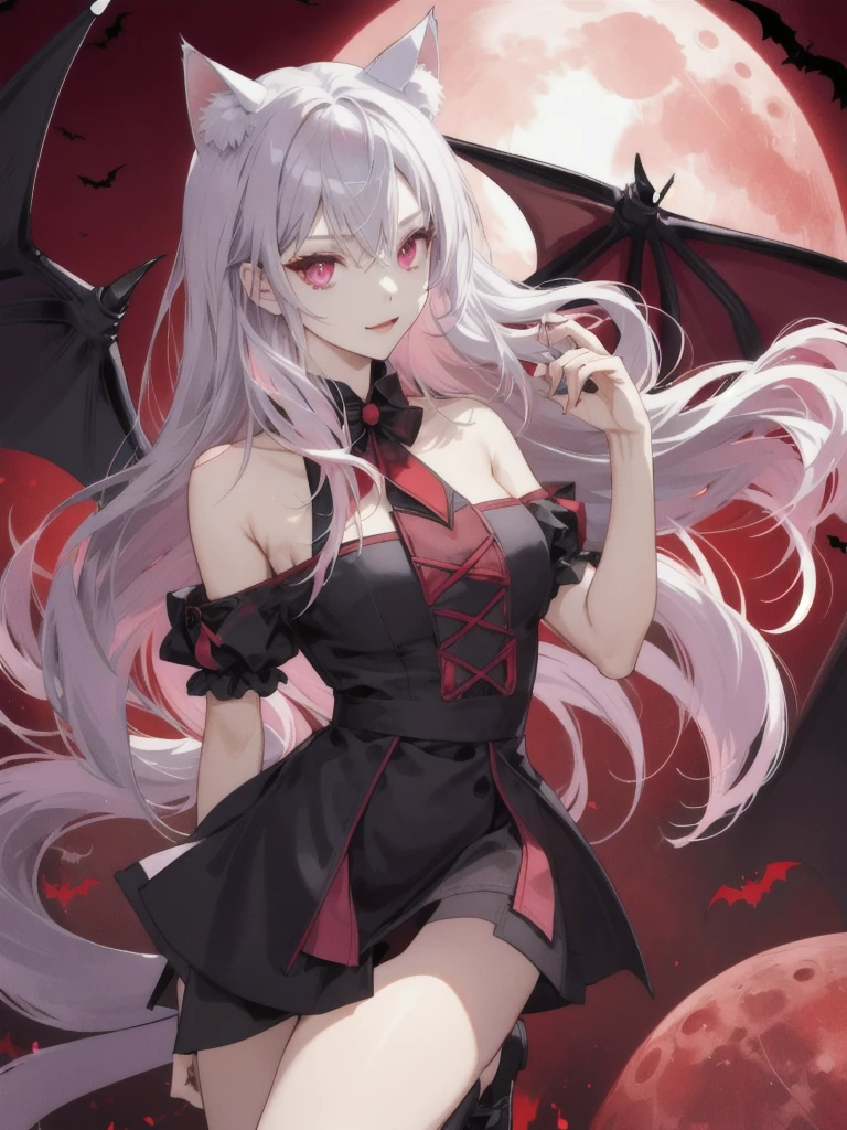 the bats、Cat ear, girl with、doress、Red Moon,Red Moon、、vampire、doress、off shoulderidnight, Beautiful silver hair,Pink inside,Beautiful pink eyes