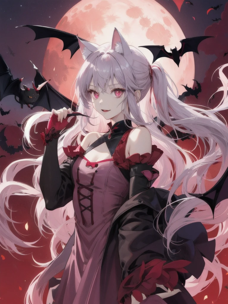 the bats、Cat ear, girl with、doress、Red Moon,Red Moon、、vampire、doress、off shoulderidnight, Beautiful silver hair,Pink inside,Beautiful pink eyes
