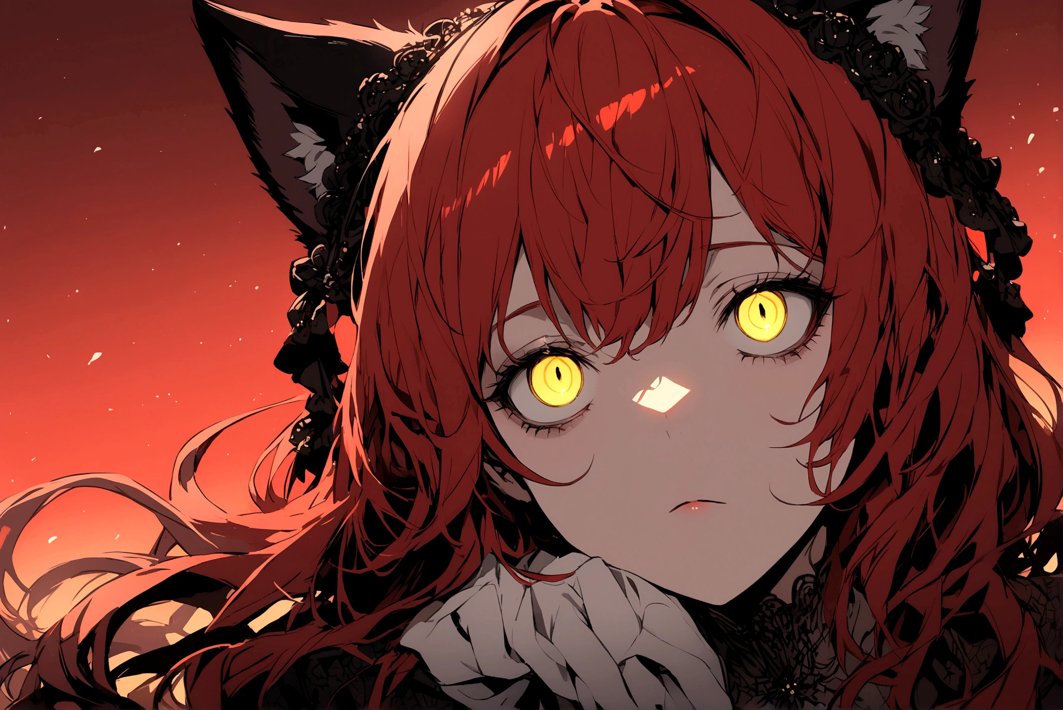 Red-haired girl, Yellow eyes, cat ears, cold and dead eyes looking up at the red sky