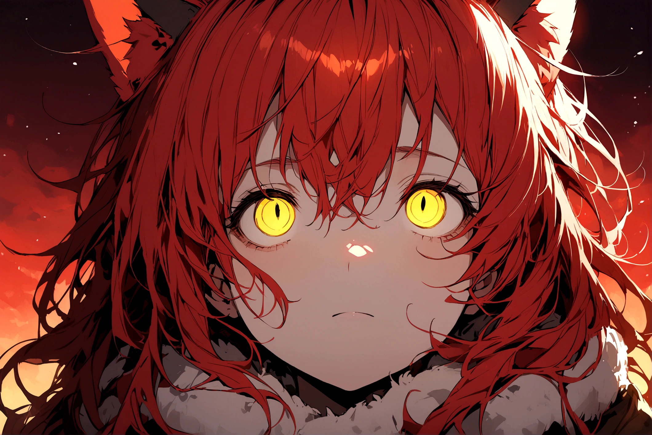 Red-haired girl, Yellow eyes, cat ears, cold and dead eyes looking up at the red sky 