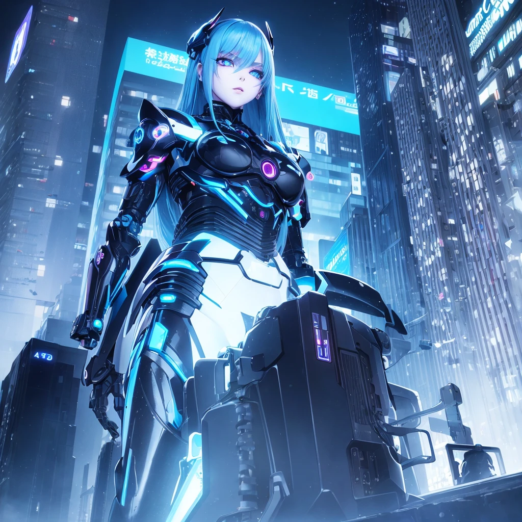 View from below, angle from below Girl Android mechanical prosthetics demonic gloomy with long blue hair woman with sexy hips half cyborg modification Beautiful sad girl blue eyes stands in full growth Anime Style black background Cyberpunk style, black background image of night black city and blue neon lights fluorescent lamps
