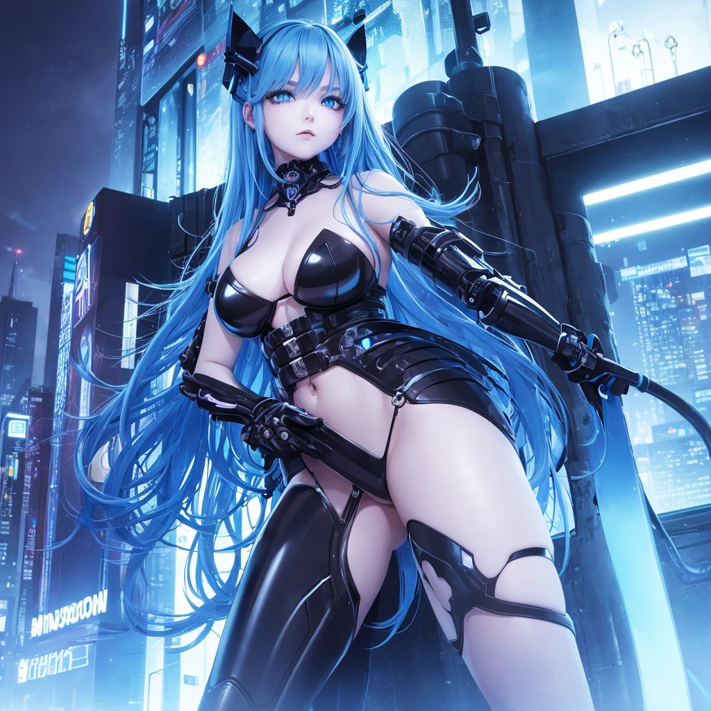 View from below, angle from below Girl Android mechanical prosthetics demonic gloomy with long blue hair woman with sexy hips half cyborg modification Beautiful sad girl blue eyes stands in full growth Anime Style black background Cyberpunk style, black background image of night black city and blue neon lights fluorescent lamps