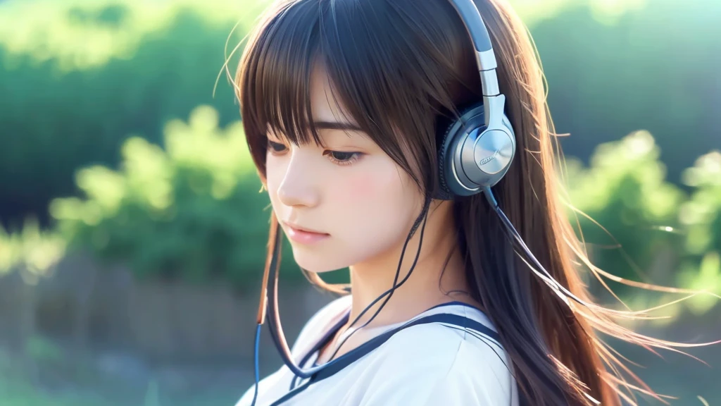 Anime-style, cute girl, listening to music, surrounded by whispering wind, lofi, calm, serene, nature background, flowing hair, headphones,Makoto Shinkai art style