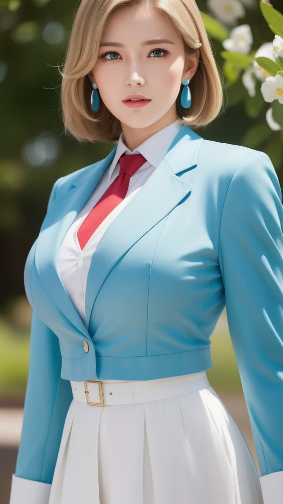 Simple White Background,
military,Blue jacket,white shirt, red necktie,jewelry,
blue earrings,
bangs, blonde hair,short hair,Green EYEs,
1 girl, 20yo,Young female,Beautiful Finger,Beautiful long legs,Beautiful body,Beautiful Nose,Beautiful character design, perfect eyes, perfect face,expressive eyes,perfect balance,
looking at viewer,(Focus on her face),closed mouth, (innocent_big_eyes:1.0),(Light_Smile:0.3),
official art,extremely detailed CG unity 8k wallpaper, perfect lighting,Colorful, Bright_Front_face_Lighting,White skin,
(masterpiece:1.0),(best_quality:1.0), ultra high res,4K,ultra-detailed,
photography, 8K, HDR, highres, absurdres:1.2, Kodak portra 400, film grain, blurry background, bokeh:1.2, lens flare, (vibrant_color:1.2),professional photograph,
(Beautiful,large_Breasts:1.4), (beautiful_face:1.5),(narrow_waist),