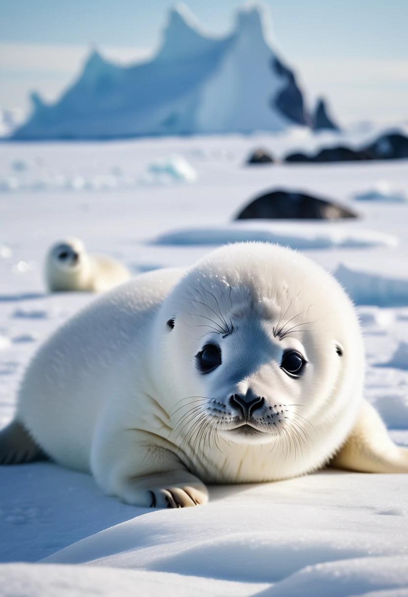 (Realistic photos, Photos taken by a professional photographer),  seals, White fluffy fur, cute, Beautiful Landscape, Snowy Antarctica, Short throw lens, (Highest quality, 8K, masterpiece, Cinematic camera angles, Cinematic lighting)