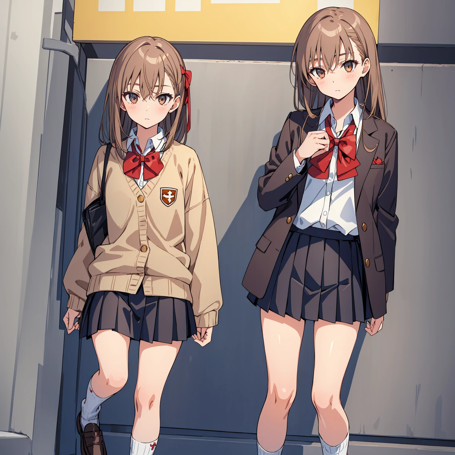 ((Best Quality)), ((masterpiece)), (detailed), 1girl, solo, perfect face, beautiful face, detailed face, detailed hands, detailed fingers, perfect eyes, perfect hair, detailed hair, Misaka_mikoto, bowtie, brown jacket, red bow, red bowtie,blazer, bow, , skirt, pleated skirt, shorts, grey skirt, socks,shoes, loose socks, shorts under skirt, loafers, brown footwear, black skirt, short shorts