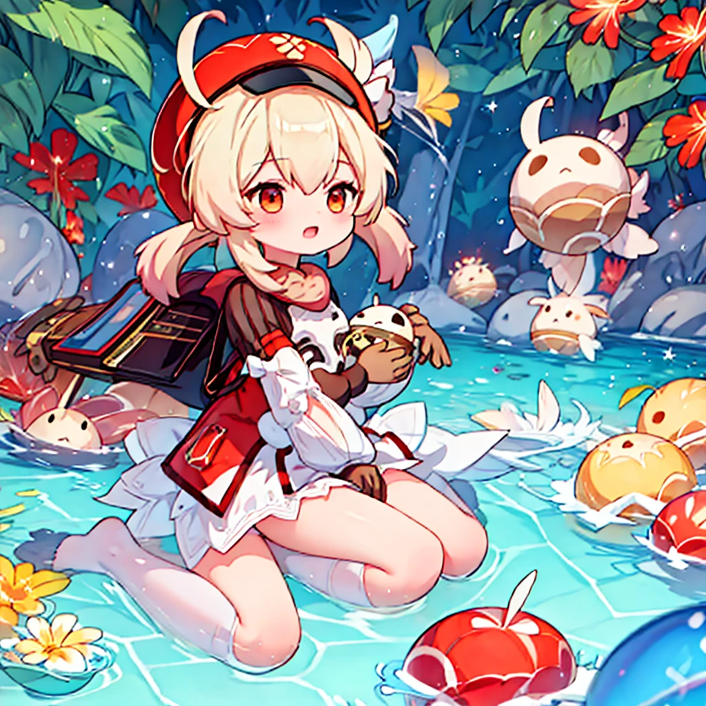 Anime girl sitting in the water wearing a hat, anime drawing of Yang Jay, PIKIV, Fantasy art, splash art anime , , Ayaka Genshin Impact, from the video game Azur Lane, yoshitakka amano karol bak, of desires, Ayaka game genshin impact