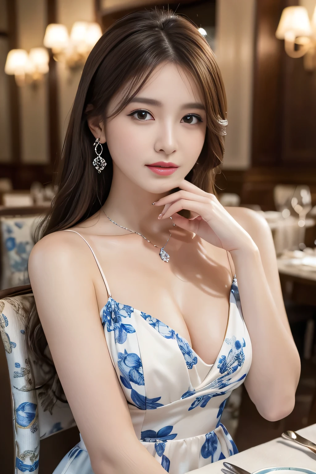 masterpiece, Highest quality, Realistic, Very detailed, Finer details, High resolution, 8k wallpaper, One beautiful woman, Wearing an elegant white dress with blue floral print, In a great restaurant, At night, Light brown messy hair, Perfect dynamic composition, Beautiful and beautiful eyes、Big earrings、Sit on a chair、