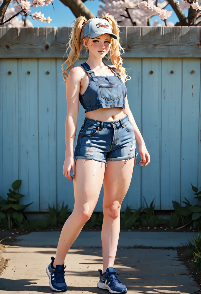 A freckled curvy strong farm tween. She is wearing a jean jack, crop top, and ripped Jean shorts, she is beautiful with low messy blonde twin tails and backwards ball cap and blue scuffed canvas sneakers. She lives on an abundant farm, ripe with harvest. Cute, perfect face, beige eyeshadow, light peach blush, coral lipgloss, athletic form, She is walking towards the camera on a lovely sunny day, pretty, pretty lighting, 8k, octane render, detailed, detailed background, 35mm, realistic, photorealistic, perfect face, cherry blossoms barrettes in hair, freckles, risqué poses, ((American face)), American, ((Billie Eillish))