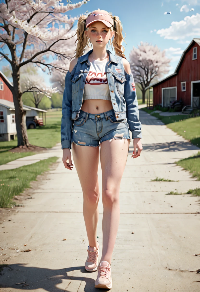 A freckled curvy strong farm tween. She is wearing a jean jack, crop top, and ripped Jean shorts, she is beautiful with low messy blonde twin tails and backwards ball cap and blue scuffed canvas sneakers. She lives on an abundant farm, ripe with harvest. Cute, perfect face, beige eyeshadow, light peach blush, coral lipgloss, athletic form, She is walking towards the camera on a lovely sunny day, pretty, pretty lighting, 8k, octane render, detailed, detailed background, 35mm, realistic, photorealistic, perfect face, cherry blossoms barrettes in hair, freckles, risqué poses, ((American face)), American, ((Billie Eillish))