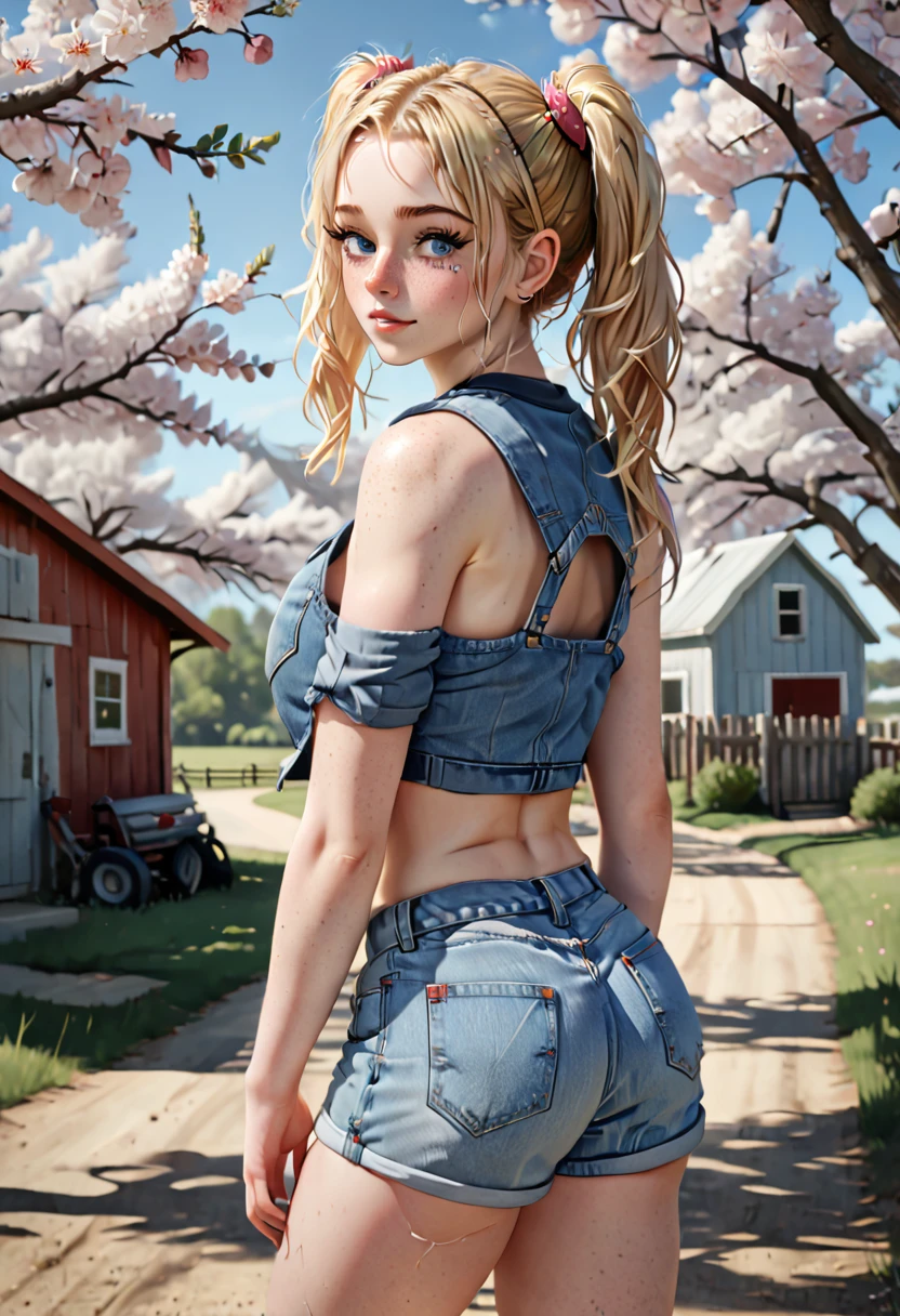 A freckled curvy strong farm tween. She is wearing a jean jack, crop top, and ripped Jean shorts, she is beautiful with low messy blonde twin tails and backwards ball cap and blue scuffed canvas sneakers. She lives on an abundant farm, ripe with harvest. Cute, perfect face, beige eyeshadow, light peach blush, coral lipgloss, athletic form, She is walking towards the camera on a lovely sunny day, pretty, pretty lighting, 8k, octane render, detailed, detailed background, 35mm, realistic, photorealistic, perfect face, cherry blossoms barrettes in hair, freckles, risqué poses, ((American face)), American, ((Billie Eillish))