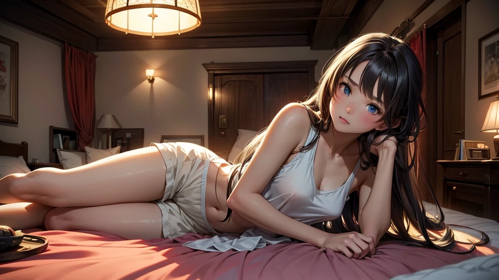 Craft a high-quality, detailed image of a stunning anime lofi girl with long, silky hair and beautiful eyes. She is positioned on her knees in her inviting gaming room, wearing a see-through tank top without a bra, exposing her midriff, and sleep shorts. The setting is cozy and welcoming, with soft ambient lighting and comfy seating. The room is softly lit by a small lamp, creating a peaceful and intimate atmosphere with a touch of sensual allure.