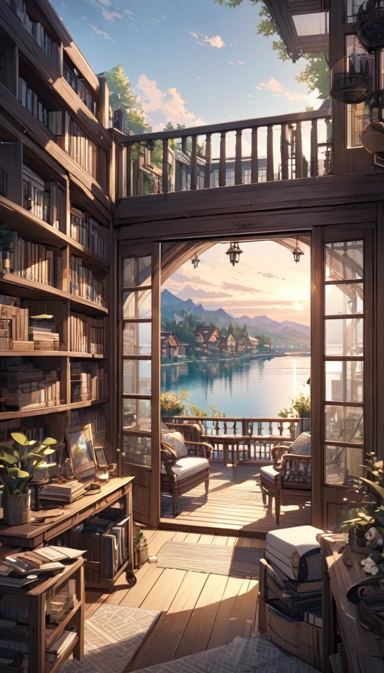 room with large bookcase, lots of detailed objects, large open terrace, beautiful views of a lake with many dreamlike houses