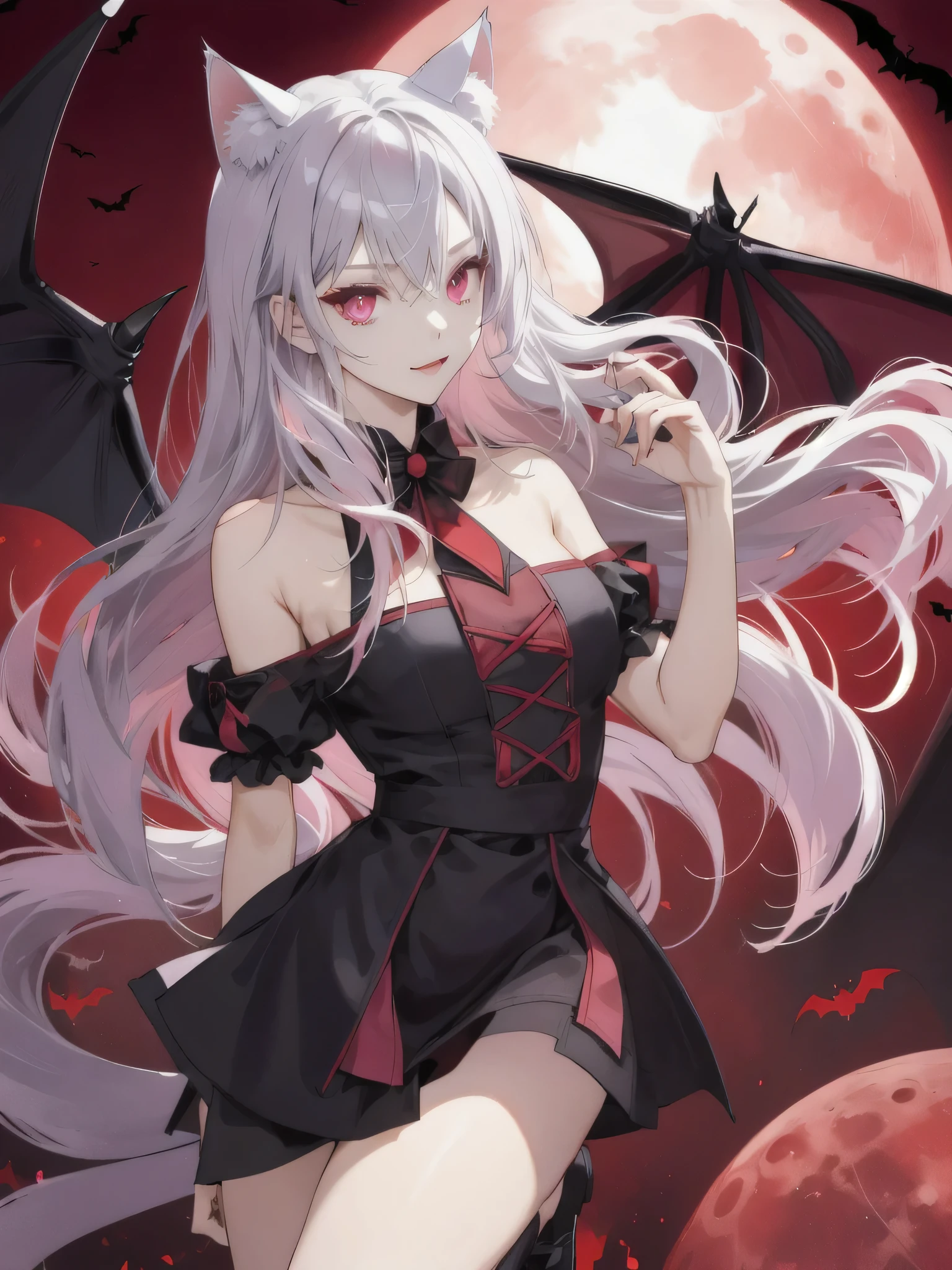 the bats、Cat ear, girl with、doress、Red Moon,Red Moon、、vampire、doress、off shoulderidnight, Beautiful silver hair,Pink inside,Beautiful pink eyes