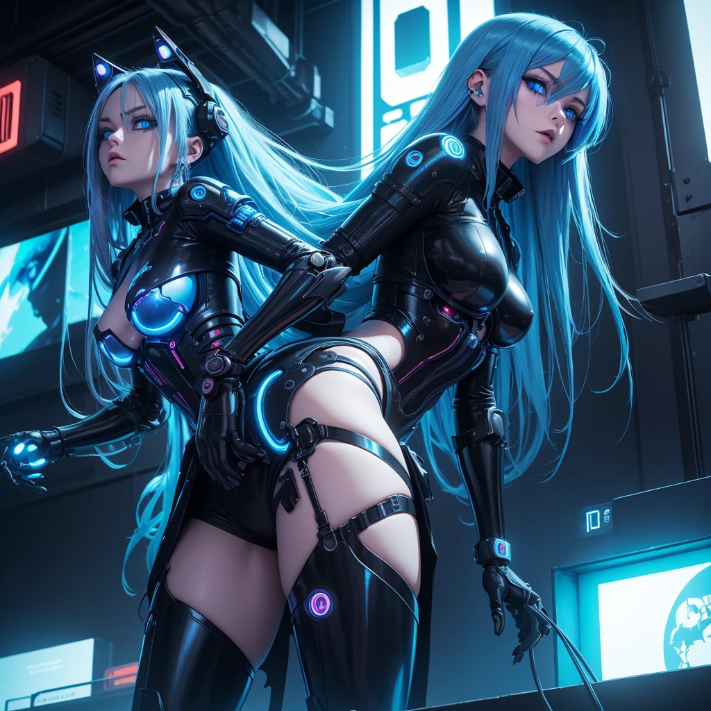 View from below, angle from below Girl Android mechanical prosthetics demonic gloomy with long blue hair woman with sexy hips half cyborg modification Beautiful sad girl blue eyes stands in full growth Anime Style black background Cyberpunk style, black background image of night black city and blue neon lights fluorescent lamps
