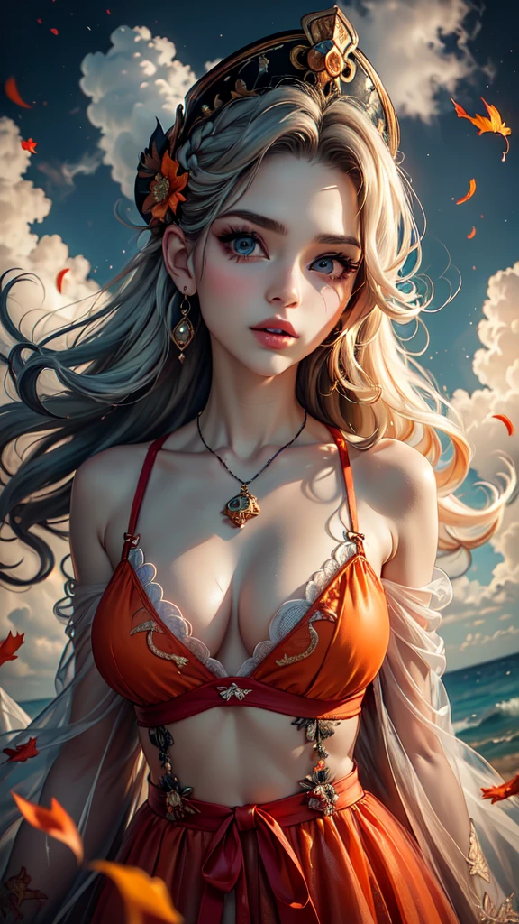 score_9, score_8_up, score_7_up, score_6_up, rating_explicit, 1girl, ((18YO:1.2)), Adult, full lips, big clear eyes, light blue eyes, ((blond hair:1)), (long wavy hair: 1.2),(Obra maestra: 1.4), (8K, realista, foto cruda, La mejor calidad: 1.4),,xuer Fairy in Clouds,Clouds,Fog,smoke,(full body:1.1),Fly,(float,fall:1.4),Dynamic Angle,Perspective, medium breasts,(Scattered petal:1.3),exposed collarbone,exposed shoulders,exposed abdomen,colorful costumes,Cyan red ribbon,(Detalles de la cara: 1.5, ojos azules brillantes, hermoso rostro, ojos bonitos, Contorno del iris, labios delgados: 1.5, Thin, sharp pale eyebrows, Long, dark eyelashes, double tabs),(manos perfectas: 1.4) ,( perfect anatomy) More detailed 8K.motor irreal:1.4,UHD,La mejor calidad:1.4, fotorrealista:1.4, textura de la piel:1.4, obra maestra:1.8,obra-prima, mejor calidad,objeto Objeto], (detailed face features:1.3),(Las proporciones correctas), (pose vaquero), (colores brillantes),( nubes esponjosa white gigantes :1.4),( perfect anatomy), (detailed face :1.4),( estilo encaje lingerie orange :1.4)
