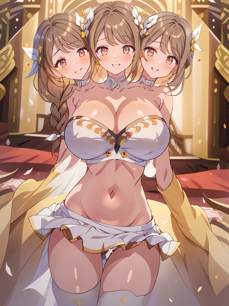 (masterpiece, best quality), best resolution, (3heads:1.5), 1girl, brown hair, long flowing hair, braided hair, smiling, seductive smile, open belly, white-gold crop top, white miniskirt, open breasts, big tits, very huge tits, feather on head, beautiful eyes, alluring presence,