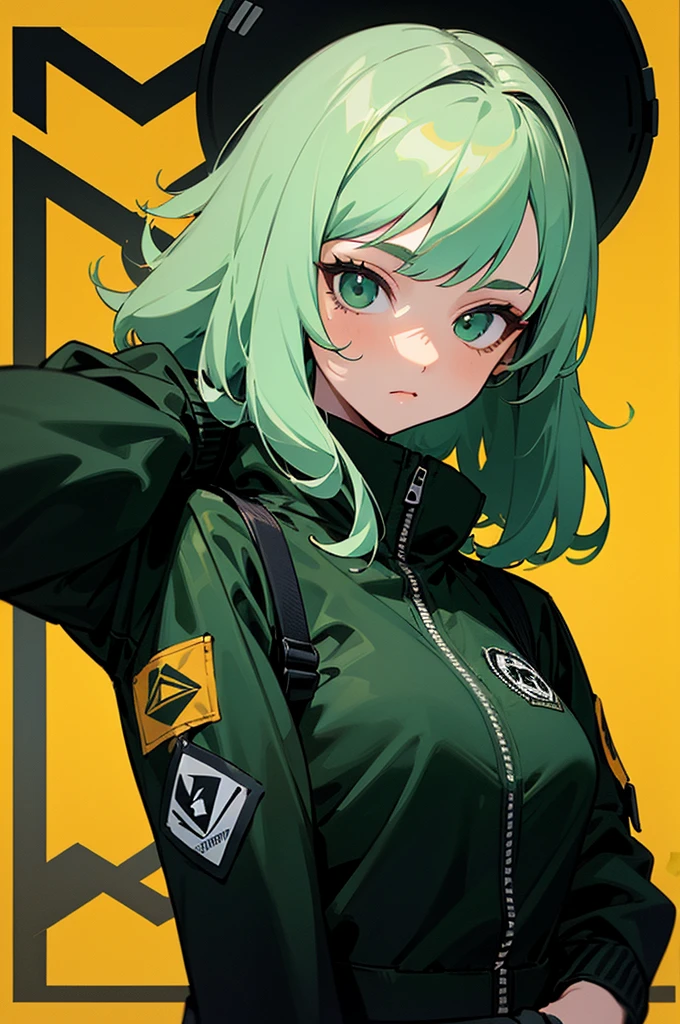 (masterpiece: 1.2, best quality), (1 lady, solo, upper body: 1.2),Detailed face, Black and white,, a girl in a black jacket and green Cargo pants standing, wearing Cargo pants, a green colored bomber jacket, Cargo pants , wearing dark green bomber jacket, black bomber jacket, black rugged clothing, cropped shirt with jacket, black pants, wearing a turtleneck and jacket, a girl wearing a black jacket, bomber jacket, black and green, white and black color scheme ((modern clothes)) Looking at the viewer, looking at the camera,,Magazine cover,a close up of a poster