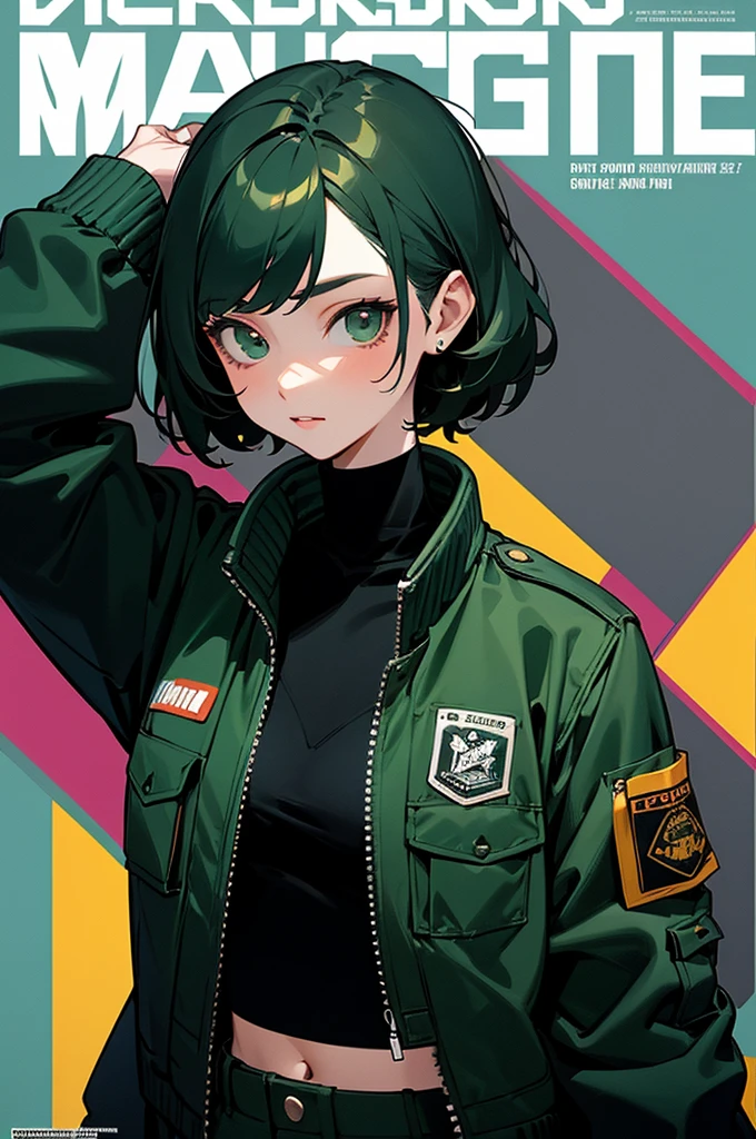 (masterpiece: 1.2, best quality), (1 lady, solo, upper body: 1.2),Detailed face, Black and white,, a girl in a black jacket and green Cargo pants standing, wearing Cargo pants, a green colored bomber jacket, Cargo pants , wearing dark green bomber jacket, black bomber jacket, black rugged clothing, cropped shirt with jacket, black pants, wearing a turtleneck and jacket, a girl wearing a black jacket, bomber jacket, black and green, white and black color scheme ((modern clothes)) Looking at the viewer, looking at the camera,,Magazine cover,a close up of a poster 