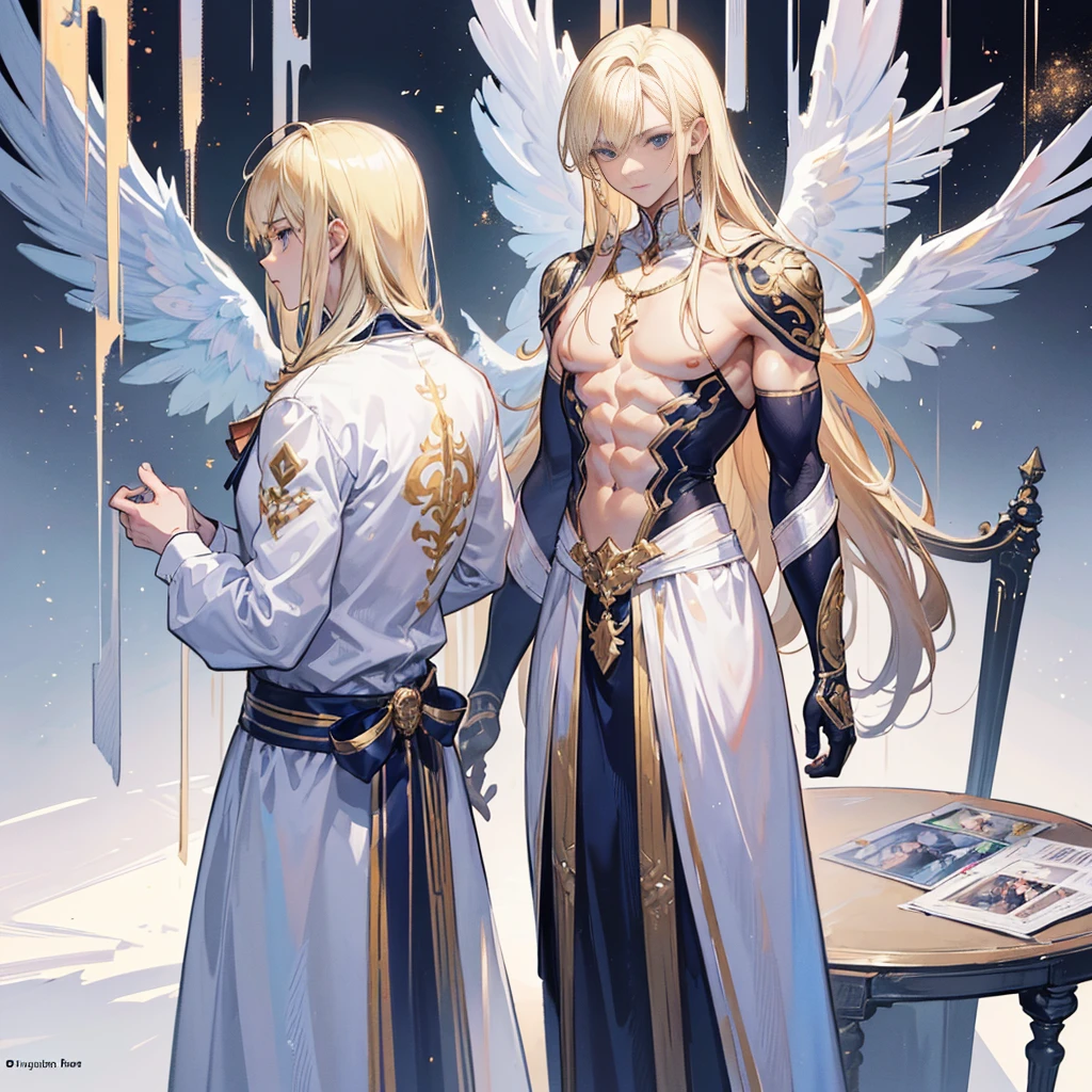 (Masterpiece, best quality), detailed, 1 man, ((character concept art)), ((character design sheet, same character, front, side, back)), full body, body complete, 1 Male angel, 1 Man angel, Detailed face, character design sheet，full bodyesbian, Highly detailed, character sheet, character design, Many parts, dark skin, angel wings, long blonde hair, angel outfit, muscle male god, male clothes, masculine, muscle man, male muscle, manly, male angel, Muscle male with long blonde hair，beautiful man, beautiful muscle man
