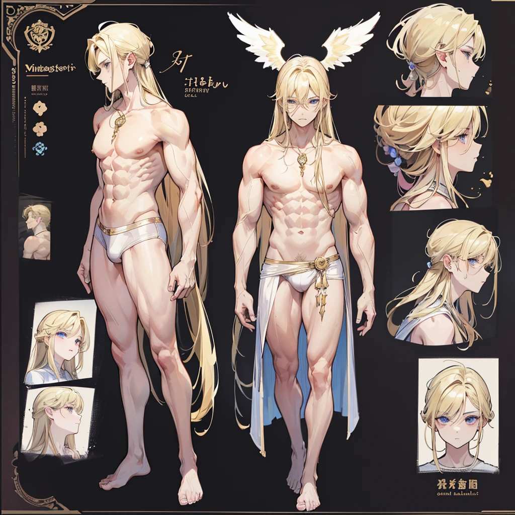 (Masterpiece, best quality), detailed, 1 man, ((character concept art)), ((character design sheet, same character, front, side, back)), full body, body complete, 1 Male angel, 1 Man angel, Detailed face, character design sheet，full bodyesbian, Highly detailed, character sheet, character design, Many parts, dark skin, angel wings, long blonde hair, angel outfit, muscle male god, male clothes, masculine, muscle man, male muscle, manly, male angel, Muscle male with long blonde hair，beautiful man, beautiful muscle man