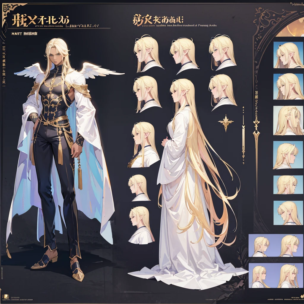 (Masterpiece, best quality), detailed, 1 man, ((character concept art)), ((character design sheet, same character, front, side, back)), full body, body complete, 1 Male angel, 1 Man angel, Detailed face, character design sheet，full bodyesbian, Highly detailed, character sheet, character design, Many parts, dark skin, angel wings, long blonde hair, angel outfit, muscle male god, male clothes, masculine, muscle man, male muscle, manly, male angel, Muscle male with long blonde hair，beautiful man, beautiful muscle man