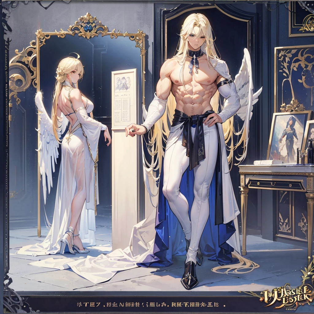 (Masterpiece, best quality), detailed, 1 man, ((character concept art)), ((character design sheet, same character, front, side, back)), full body, body complete, 1 Male angel, 1 Man angel, Detailed face, character design sheet,full bodyesbian, Highly detailed, character sheet, character design, Many parts, dark skin, angel wings, long blonde hair, angel outfit, muscle male god, male clothes, masculine, muscle man, male muscle, manly, male angel, Muscle male with long blonde hair,beautiful man, beautiful muscle man
