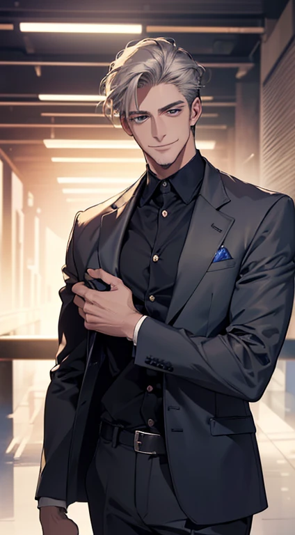 (best quality, masterpiece, 8K, photorealistic, cinematic lighting, 1:4 hdr image, ultra detailed, beautiful image), a mature man, 25 years very handsome, ((cold expression smile in love)), short grey hair, blue eyes, face perfect without mistakes, ((buttoning his jacket, CEO)), smile.