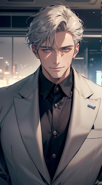 (best quality, masterpiece, 8K, photorealistic, cinematic lighting, 1:4 hdr image, ultra detailed, beautiful image), a mature man, 25 years very handsome, ((cold expression smile in love)), short grey hair, blue eyes, face perfect without mistakes, ((buttoning his jacket, CEO)), smile.