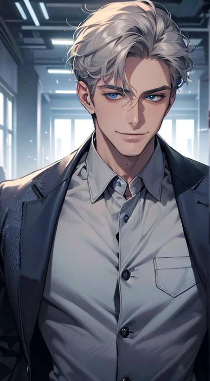 (best quality, masterpiece, 8K, photorealistic, cinematic lighting, 1:4 hdr image, ultra detailed, beautiful image), a mature man, 25 years very handsome, ((cold expression smile in love)), short grey hair, blue eyes, face perfect without mistakes, ((buttoning his jacket, CEO)), smile.