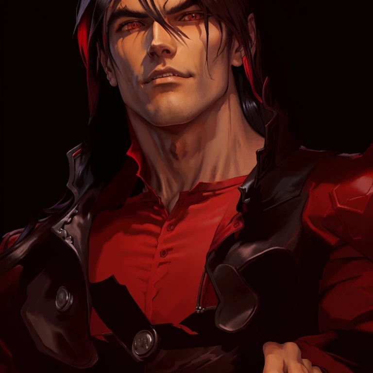 a painting of a man with long hair and a red background, alucard, he's very menacing and evil, dante from devil may cry 2 0 0 1, dante from devil may cry, guilty gear art style, badass anime 8 k, castlevania inspired, eren yeager, portrait of eren yeager, inspired by Sugimura Jihei