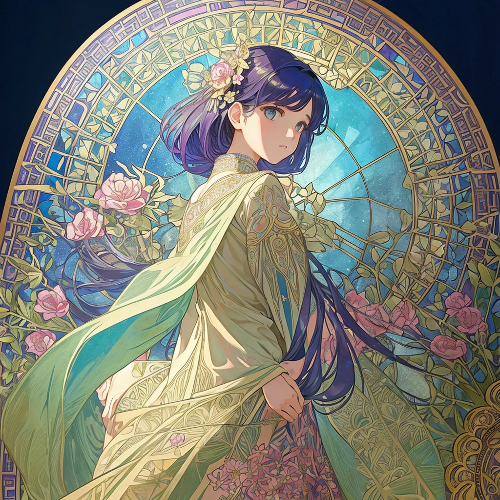 (((1 girl ))), masterpiece, highest quality, beautifully、aesthetic: 1.2, gem, Quality lace, Detailed frame, Flowers, leaf, A beautiful girl fits into the frame, Alphonse Mucha Style, Transparent and beautiful stained glass background, rainbow colorful hair, from behind, Jewelry, hair ornaments, platinum