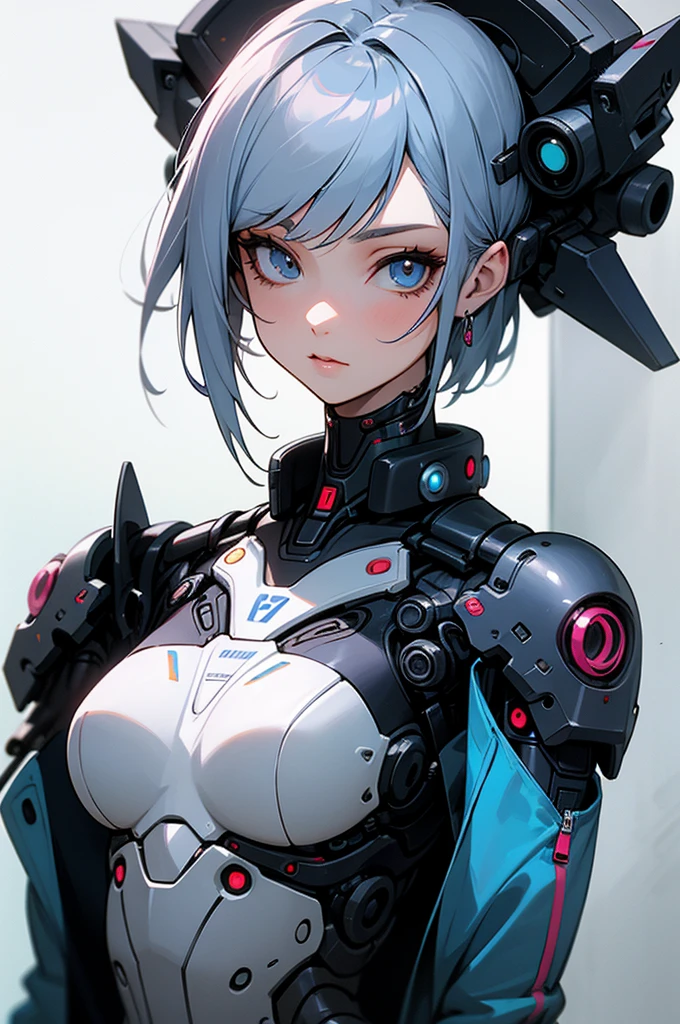 (masterpiece: 1.2, best quality), (1 lady, solo, upper body: 1.2), Hair: short cut, Clothing: oversized denim jacket and combat boots, underground or street art exhibition, android girl perfect for the future, cyborg girl, blue cyborg, cyborg - girl with silver hair, cyber machine female face, modern cyberpunk anime, cyborg girl, cyberpunk ads, perfect anime cyborg woman, porcelain cyborg, perfect cyborg woman, beautiful android ((modern clothes)) Looking at the viewer, looking at the camera,Magazine 