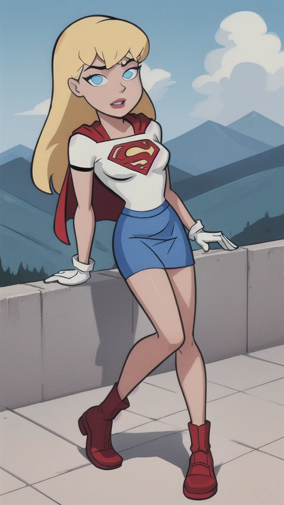 looking at viewer Artwork, best quality, 1 girl, Supergirl, blonde hair, long hair, hair tie, blue eyes, gloves, red cape, blue skirt, white shirt, blue sky, mountains background
