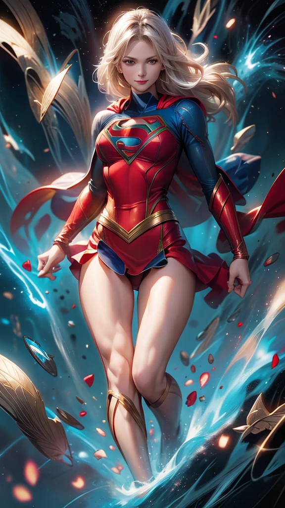 The character Supergirl, extremely realistic costume, extremely realistic anatomy, shy smile, beautiful woman 