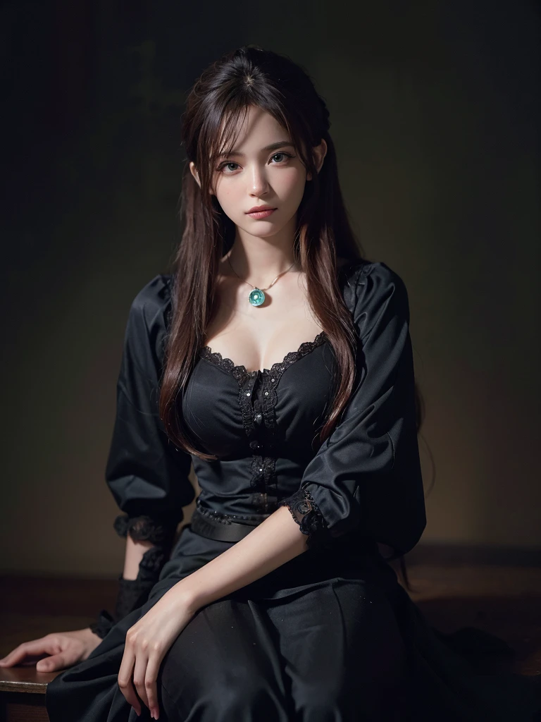 (front focus), (in the dark:1.6), Hyperrealist portrait of female by david hockney and alphonse mucha, fantasy art, photo realistic, dynamic lighting, artstation, poster, volumetric lighting, very detailed faces, 4 k, award winning, 1girl, in the dark, deep shadow, low key, cowboy shot, (official clothing:1.4), long hair, red hair,satin,silk dress