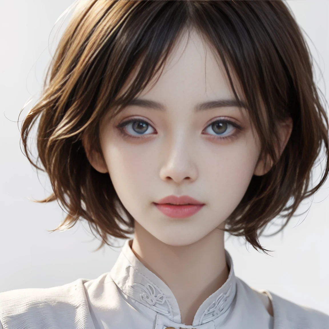 Visual blockbuster on the theme of hairstyle, Chinese girl with short hair, fashionable clothing with light hair, Chinese girl looking frontally at the camera, without makeup highlighting the texture and pores of facial skin, full color picture, close up - white solid background