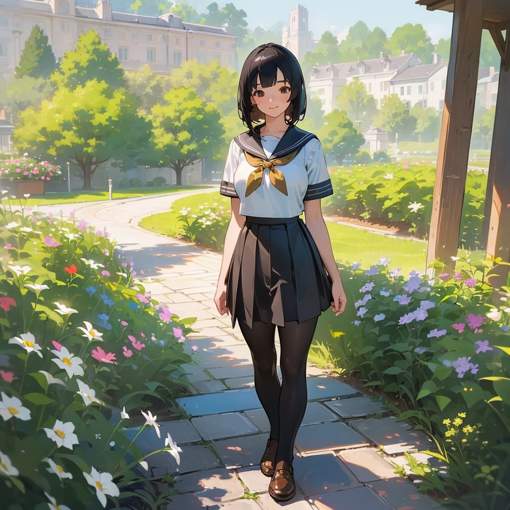 (Highest quality, High resolution, Super detailed, Realistic:1.37), Peaceful atmosphere, (Outdoor, garden), Teenage girl standing alone,(my breasts are big.),Beautifully detailed features, Cute Smile, ((Black bob hair)),Short-sleeved sailor uniform, Pleated skirt,Black tights,Brown leather shoes.