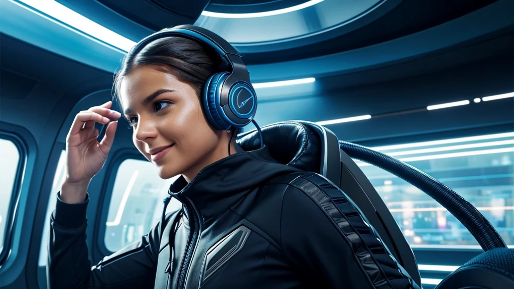 Sci Fi Futuristic ultra realistic - Background: A futuristic ultra real dynamic background that incorporates elements of commuting, working out, and doing chores (headphones, ). Main Image: A person wearing headphones, looking excited and immersed in an audiobook, with a background that transitions from mundane tasks to thrilling adventures.