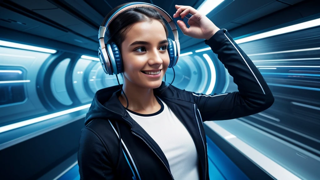 Sci Fi Futuristic ultra realistic - Background: A futuristic ultra real dynamic background that incorporates elements of commuting, working out, and doing chores (headphones, ). Main Image: A person wearing headphones, looking excited and immersed in an audiobook, with a background that transitions from mundane tasks to thrilling adventures.