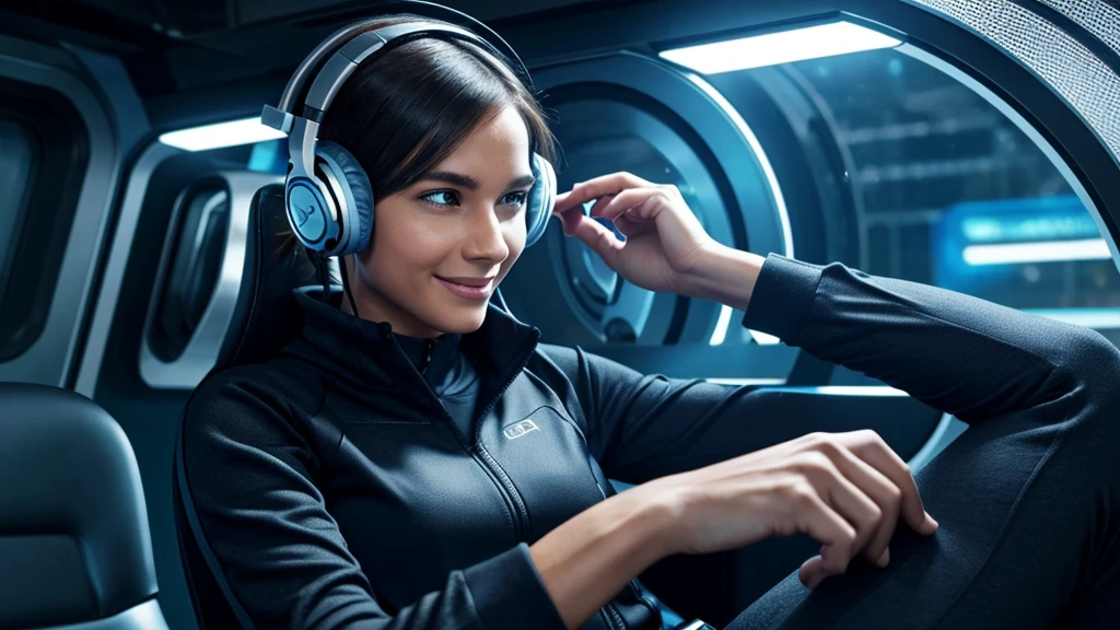 Sci Fi Futuristic ultra realistic - Background: A futuristic ultra real dynamic background that incorporates elements of commuting, working out, and doing chores (headphones, ). Main Image: A person wearing headphones, looking excited and immersed in an audiobook, with a background that transitions from mundane tasks to thrilling adventures.