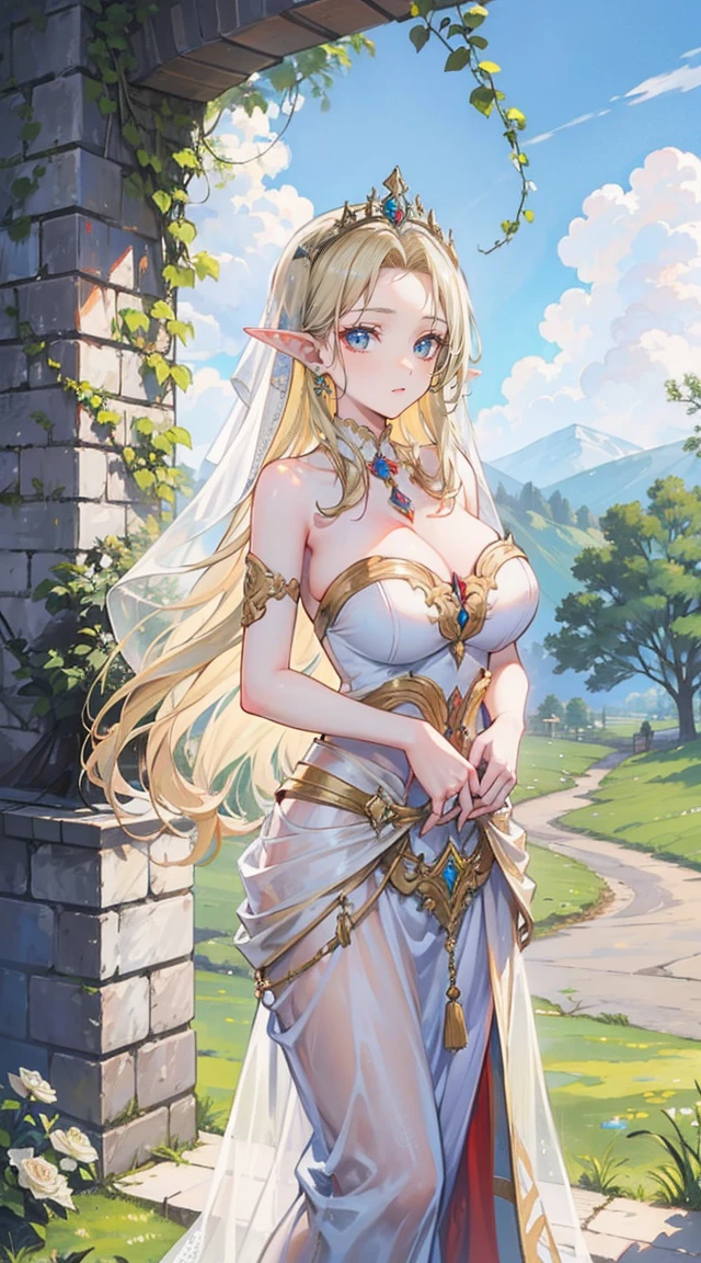 beautiful woman,Folk Girl,blonde with blue eyes,Twist,Wear a strapless wedding dress with no straps.,countryside,countryside,beautiful scenery,European Middle Ages,smile with teeth,forehead,forehead exposed,big tits,rift, (Elf Princess)