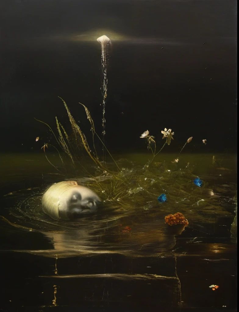 James Gurney, Surrealist art , dream-like, mysterious, Provocative, symbolic, Complex, detailed,, (Gothic but very beautiful:1.4), (masterpiece, Highest quality:1.4) , Nicola Samori Style, flowers in the water