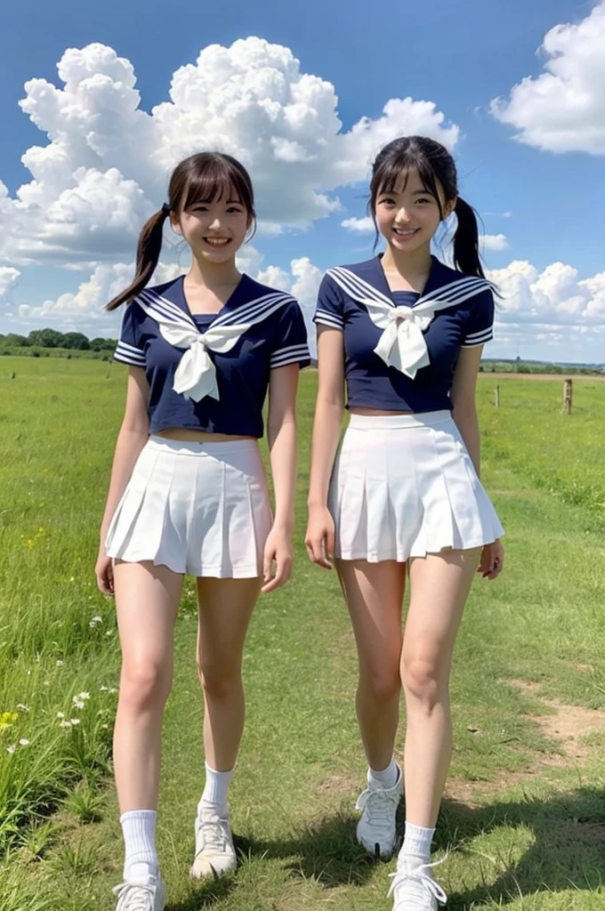 2 girls walking in rural field,cumulonimbus cloud in summer blue sky,white sailor shirt,white thong with navy blue frills,18-year-old,bangs,a little smile,thighs,knees,short hair with low pigtails bunches,from beside,front light