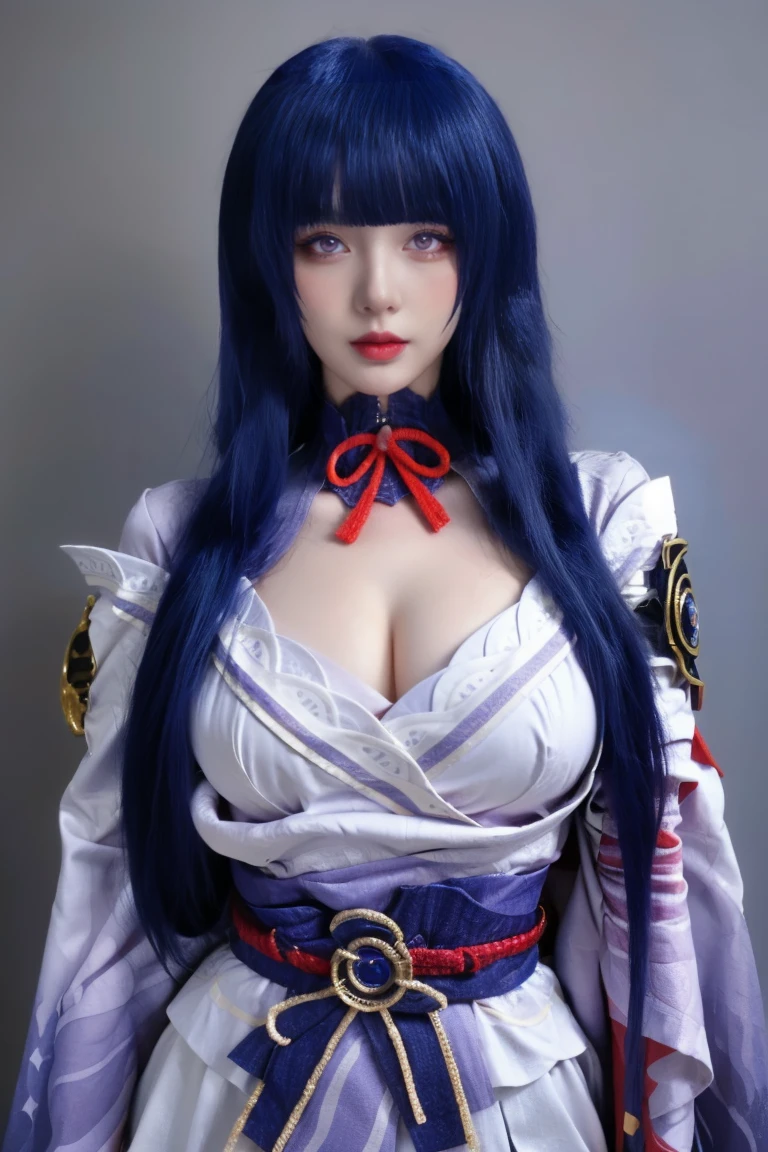 best quality, tmasterpiece,Ultra-high resolution,Clear face,(Reality:1.4),ferpect lighting,(upper body shot), (photorealistic:1.50), anime wallpaper, Guviz style artwork, cover-up fantasy up to magic , by Yang J, Guviz, beautiful artwork illustration, beautiful digital artwork, beautiful digital illustration, Li Song, beautiful anime portrait, art style in Beauvot, Raiden General Nice outfit White outfit Blunt bangs Braided (middle bust: 1.4) cleavage Kimono sleeve width Hair accessories Daily wear (Red belt: 1.4) (light purple hair: 1.4) Very long hair, straight hair, delicate face, cold face, (smooth chin: 0.85), staring audience, beautiful eyes, purple eyes, eye details, skirt, bright lighting, front lighting, (super giant breasts: 1.7), (Sagging breasts:1.3) (Cleavage), (open chest), (Bare chest), Indoor background,