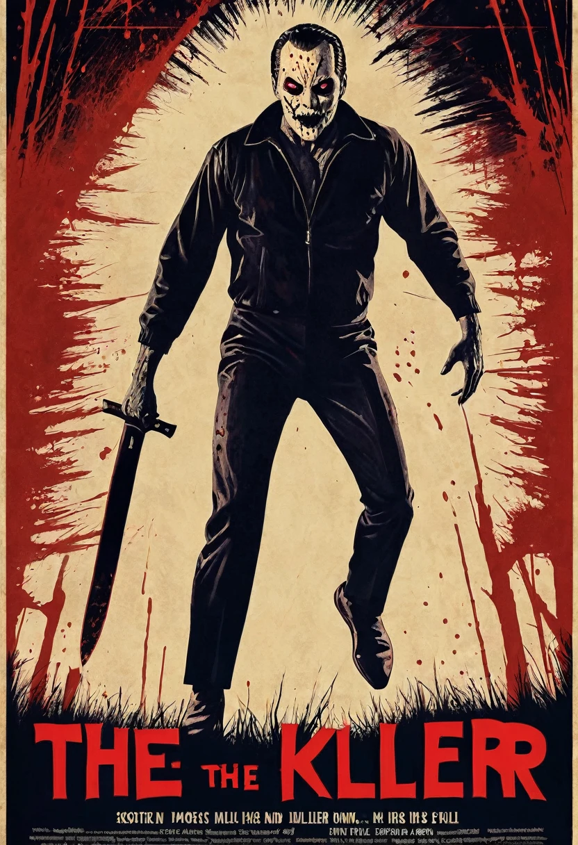 Create a retro horror movie poster with the killer on the cover.  the killer has an athletic body and his hands are full of blood, we can&#39;t see his eyes because there is a shadow ,but he seems mysterious the poster is styled in a 60s horror movie style drawn in the colors of the poster are red,close and beige.