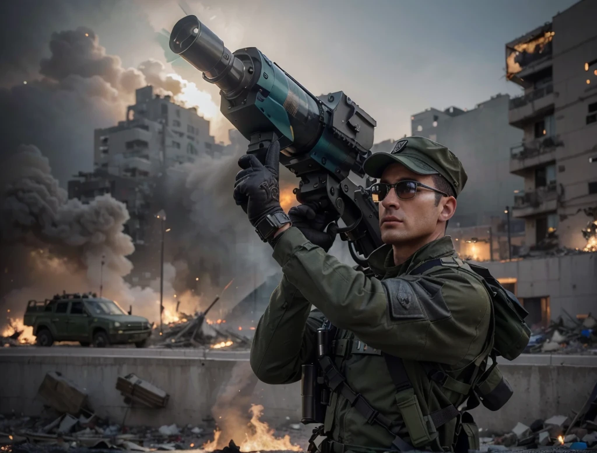 male soldier, military hat, glasses, blue and green camouflage military uniform, black bulletproof vest, light armor, modern blue armor, matte, hands with gloves, an anti-aircraft bazooka, belt with ammunition, is in modern city completely destroyed, night, Fire, smoke, debris, hyperrealistic, 4k, Ultra detailed image, realistic, Highly detailed, perfect composition, gorgeous, Intricately detailed, incredibly detailed, Art photography 8K, hyper detailed, Masterpiece, Ultra detailed, hyper realistic, 4k, Ultra detailed image , realistic, Highly detailed, perfect composition, beautiful, intricately detailed, incredibly detailed, art photography 8k, hyper detailed, masterpiece