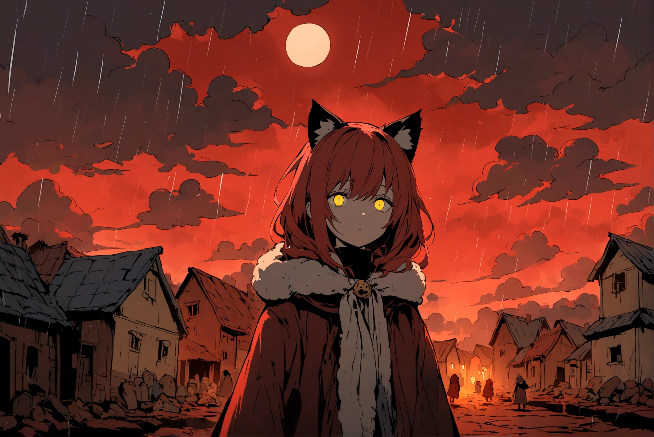 Red-haired girl, Yellow eyes, cat ears, cold and dead eyes, in the middle of a village, everywhere there are dead people and a red sky, a blue moon and clouds with rain.